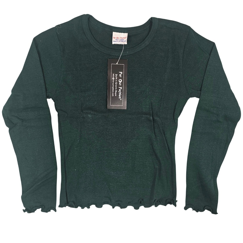 Far Out Fashion Forest Green Ribbed Lettuce Edge Long Sleeve‎ Cotton Top Medium